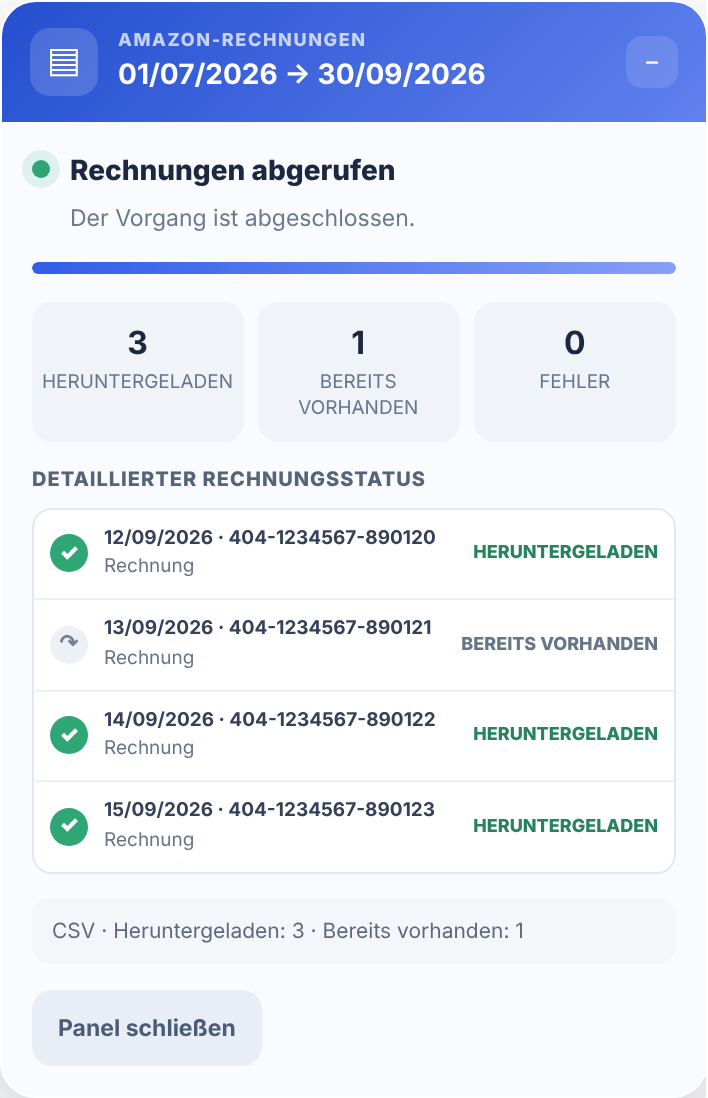 Panel der Get Your Amazon Invoices-Erweiterung mit heruntergeladenen und bereits vorhandenen Dokumenten.