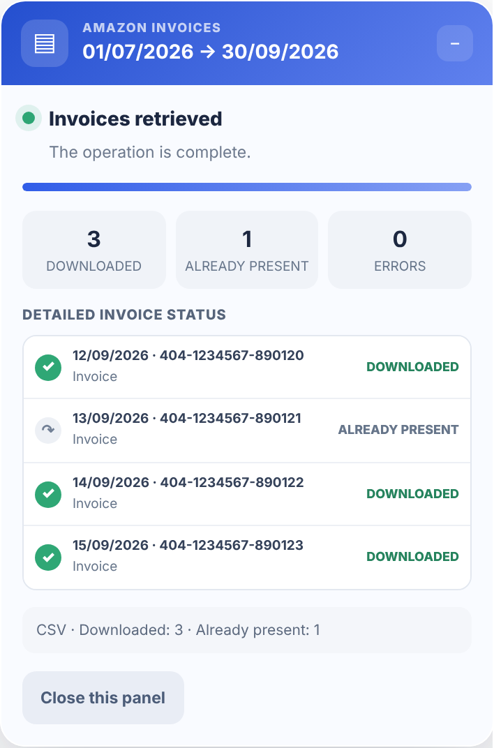 Get Your Amazon Invoices extension panel showing downloaded and already-present document states.