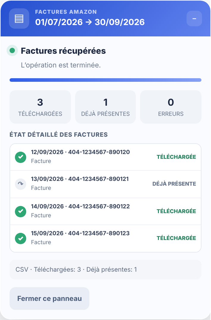 Panneau de l’extension Get Your Amazon Invoices affichant les documents téléchargés et déjà présents.