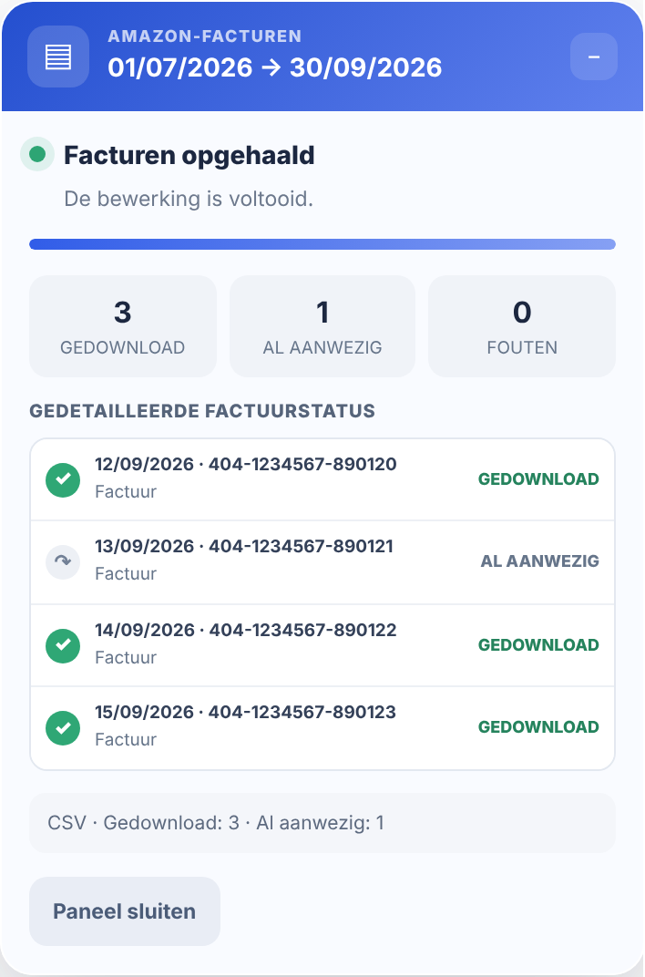 Paneel van de Get Your Amazon Invoices-extensie met gedownloade en reeds aanwezige documenten.