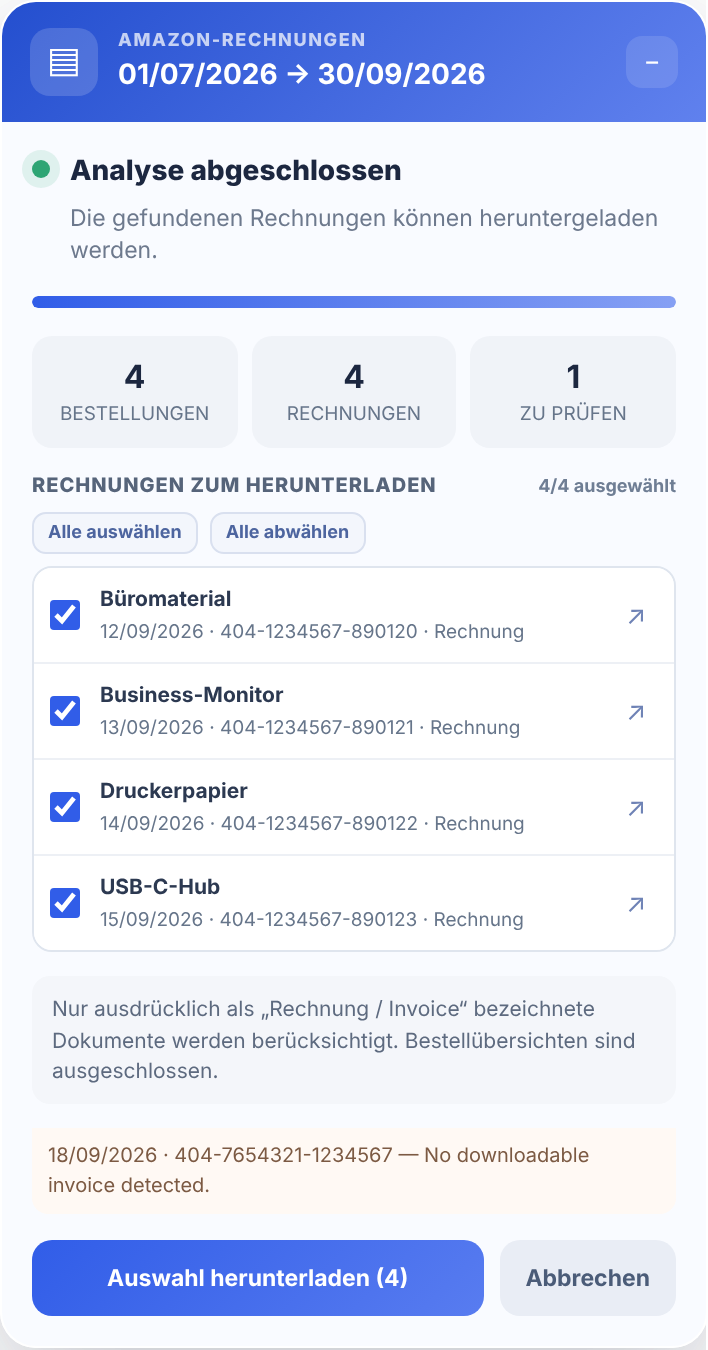 Panel der Get Your Amazon Invoices-Erweiterung mit Rechnungen, Gutschriften und zu prüfenden Einträgen.