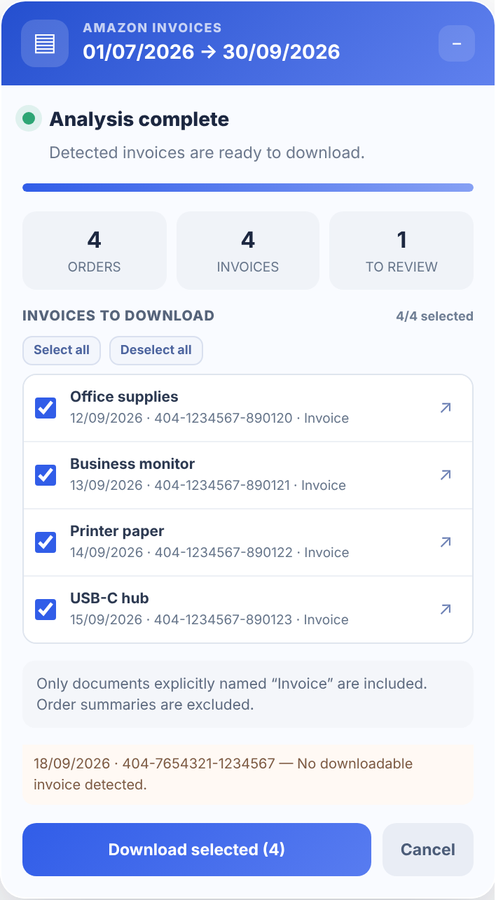 Get Your Amazon Invoices extension panel showing invoices, credit notes, and items to review.