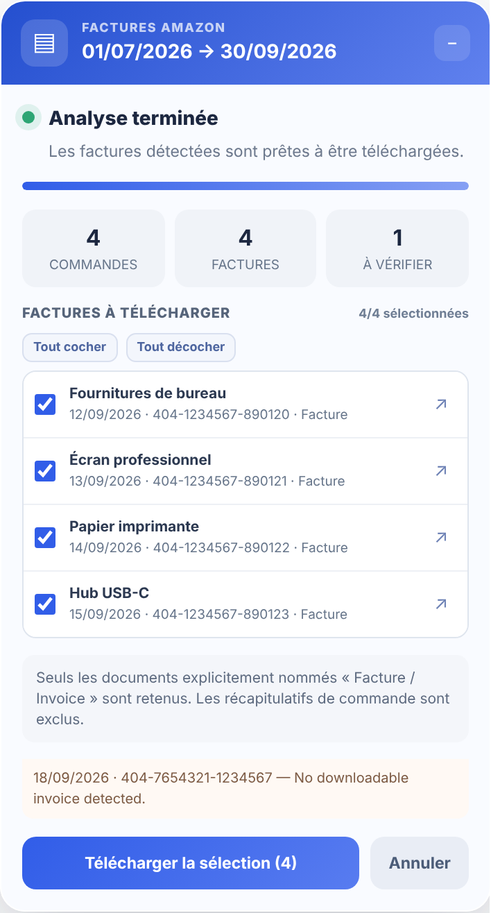 Panneau de l’extension Get Your Amazon Invoices affichant les factures, les avoirs et les éléments à vérifier.