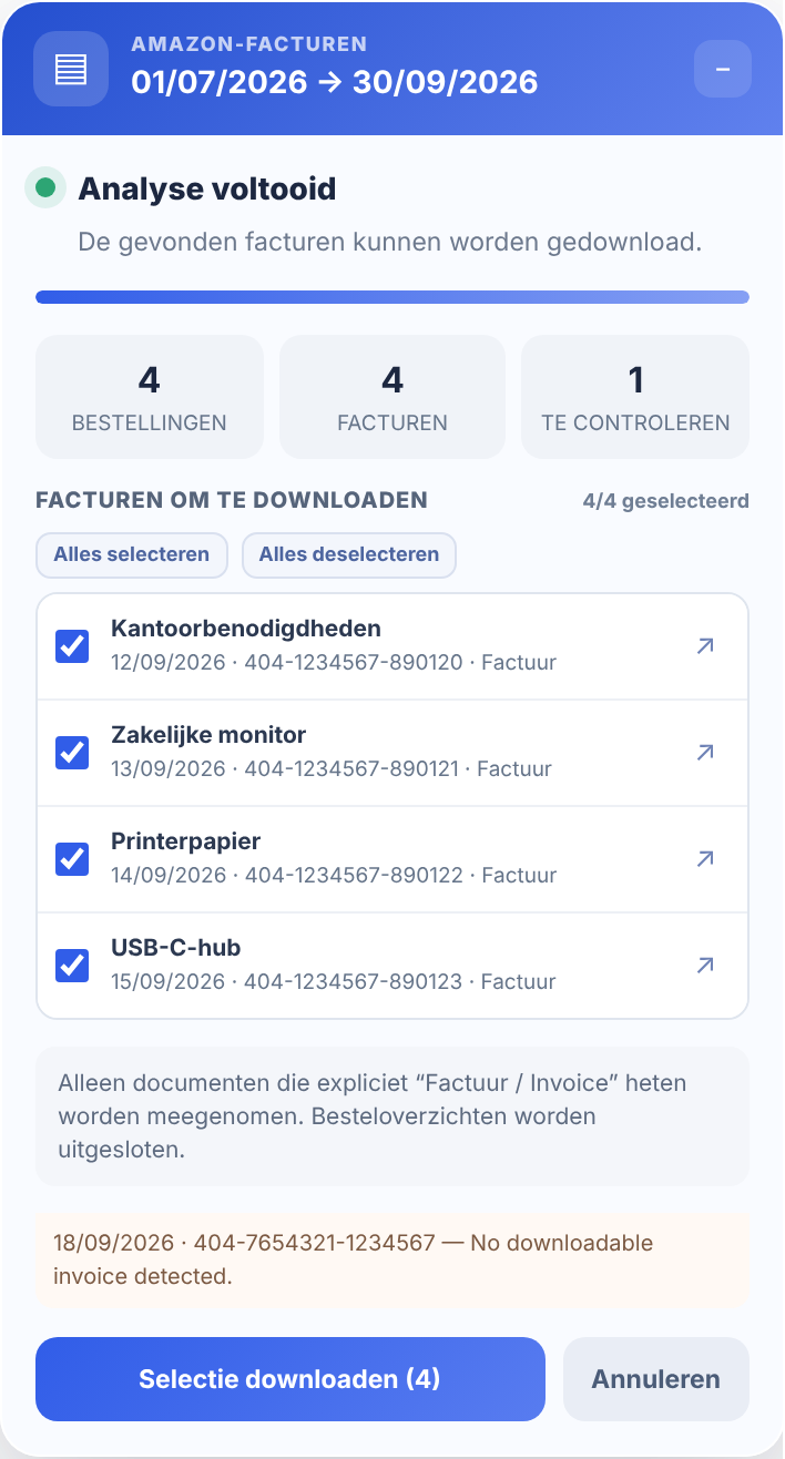 Paneel van de Get Your Amazon Invoices-extensie met facturen, creditnota’s en te controleren items.