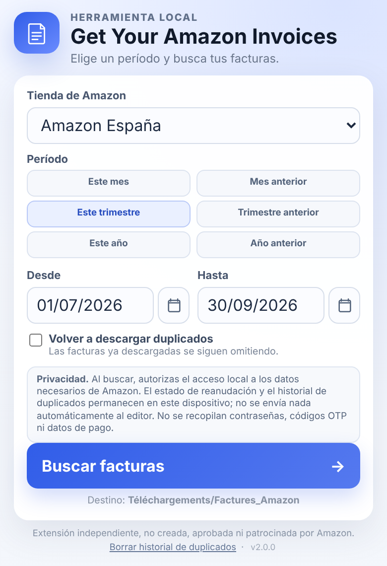 Extensión Get Your Amazon Invoices con el selector de período y los controles de búsqueda de facturas.
