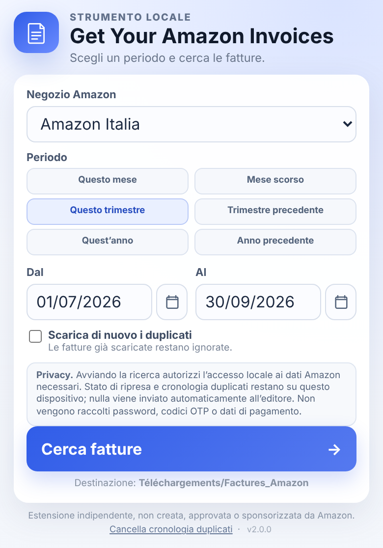 Estensione Get Your Amazon Invoices con il selettore del periodo e i controlli per la ricerca delle fatture.